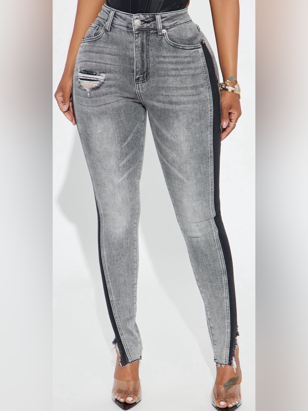 Fashion Nova Gray High-Rise Skinny Jeans with Black Side Panel - Picture 2 of 3